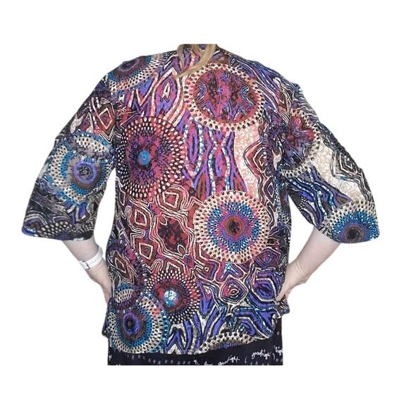 Chico’s Top Size XL (3) Mesh Artsy Lightweight Open Front Cardigan Medallions - Picture 5 of 8